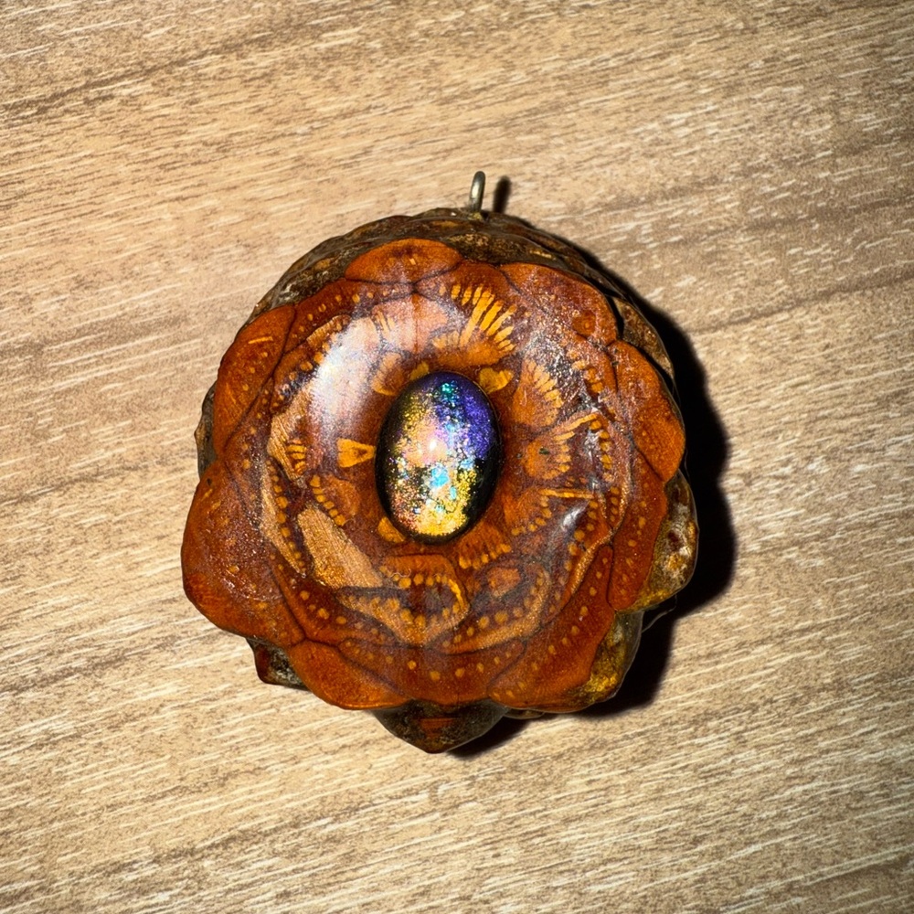 Handcrafted Wooden Pendant with Iridescent Stone